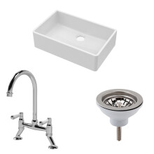 Traditional Fireclay Kitchen Bundle: Single Bowl Butler Sink, Waste & Bridge Mixer Tap, 795mm - Chrome
