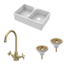 Traditional Fireclay Kitchen Bundle: Double Bowl Full Weir Butler Sink No Overflow with Wastes & Mono Tap, 795mm - Brushed Brass
