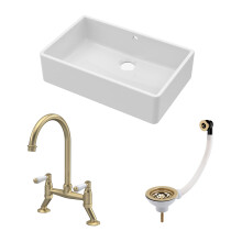 Traditional Fireclay Kitchen Bundle: 1 Bowl Butler Sink with Overflow, Waste & Bridge Lever Mixer Tap, 795mm - Brushed Brass
