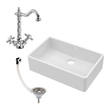 Fireclay 795mm 1 Bowl Butler Kitchen Sink - French Classic Tap & Overflow - Ceramic Kitchen Sink & Tap Package