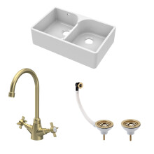 Traditional Fireclay Kitchen Sink Bundle: Double Bowl Butler Sink with Stepped Weir, Wastes & Crosshead Tap, 795mm - Brushed Brass
