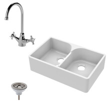 Traditional Fireclay 2 Bowl Stepped Weir Butler Kitchen Sink, Mono Mixer Tap & Waste - 795mm