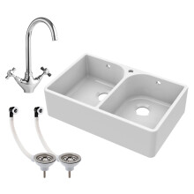 Traditional Fireclay Double Bowl Belfast Sink with Tap Hole & Full Weir, Basket Strainer Waste & Mono Kitchen Sink Mixer Tap