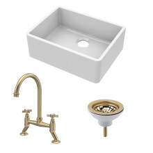 Fireclay Kitchen Bundle: Single Bowl Butler Sink, Strainer Waste & Bridge Crosshead Mixer Tap, 595mm - Brushed Brass