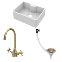 Traditional Fireclay Kitchen Sink Bundle: Single Bowl Butler Sink w/ Overflow, Tap Ledge, Waste & Mono Tap, 595mm - Brushed Brass