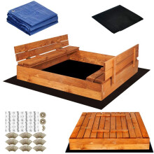 Hiekkalaatikko - Springos - 120 x 120 cm - Massiivipuuta - Kääntyvät penkit - Geotekstiili mukana