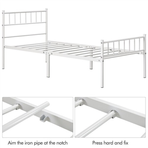 White Single Metal Bed Frame w/ Headboard Solid Slatted Base for Adults Teenager 1