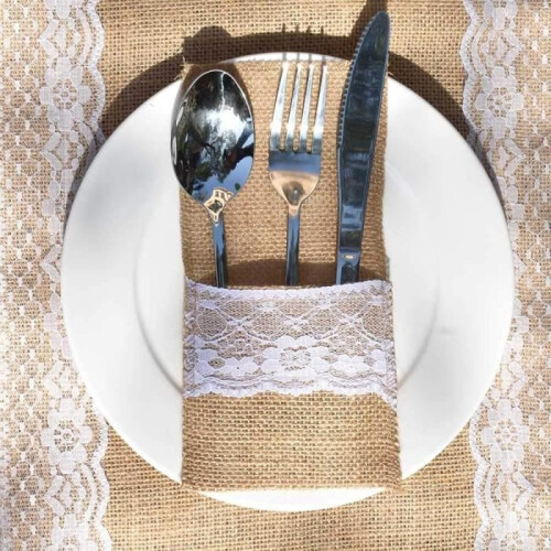 Bestekhouders - Set van 60 - Jute - Kant - Vintage Bruiloft 1