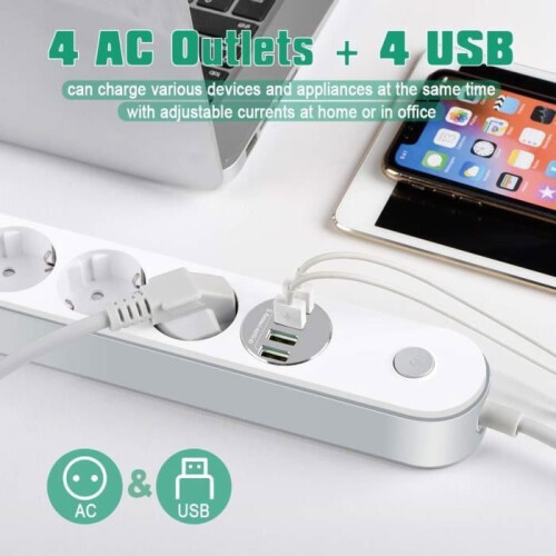 Surge protector power strip with 4 outlets + 4 USB Type E ports, 10A 2500W, 2m cable - White 1