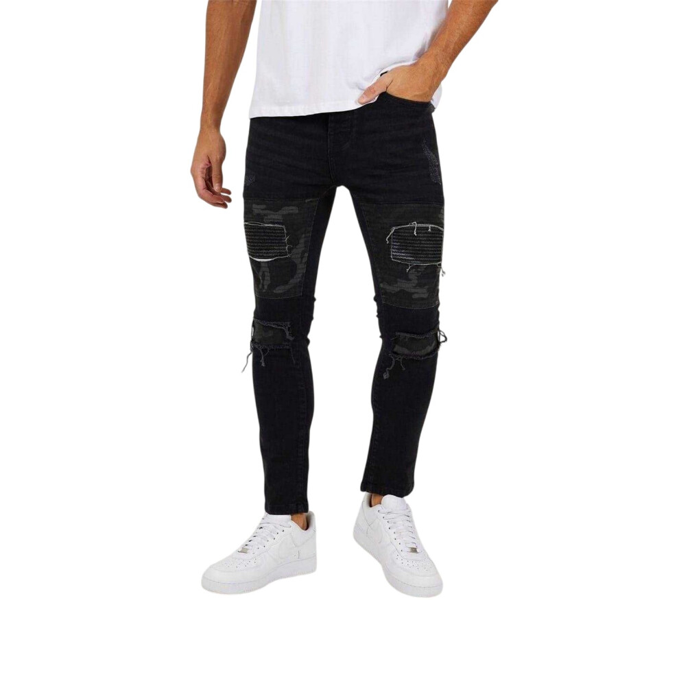 Brave Soul (28L, Charcoal Wash) Mens Washed Biker Skinny Jeans