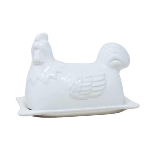 Butter Dish Hen Design Novelty Porcelain White Storage Container Keeper Kitchen 1