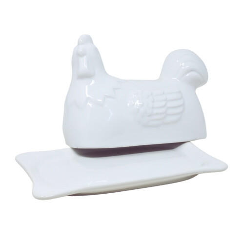 Butter Dish Hen Design Novelty Porcelain White Storage Container Keeper Kitchen 2