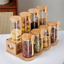 9-Piece Kitchen Airtight Glass Jar Set with Lids & Storage Rack, Comes with Waterproof Labels, Multipurpose Storage