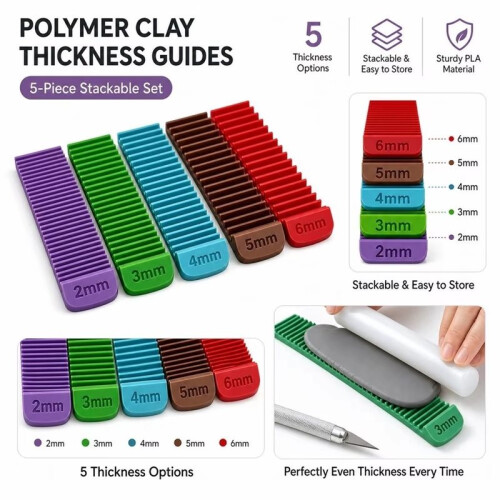 Polymer Clay Thickness Guide , 5 Color-Coded Thickness Cutting Tools (2mm, 3mm, 4mm, 5mm, 6mm),3D Printed
