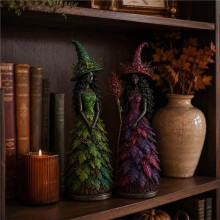 Figura di Strega Incantata D'Autunno, Statua In Resina con Abito di Foglia D'Autunno per Decorazione di Mensole e Camini Zafferano
