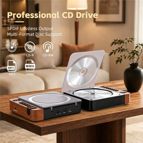 Portable CD Player  FM Transmitter SPDIF Output Type-C Rechargeable Retro Music Player for Home