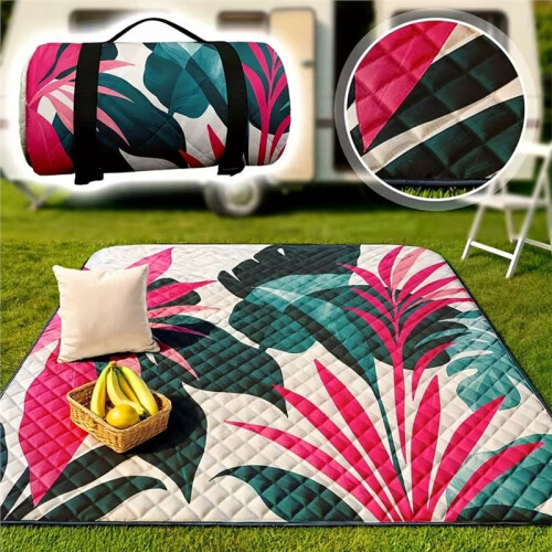 Manta de Piquenique Dobrável Extra  de 78x78 Polegadas com Design Acolchoado Macio, Estampa Floral e de Frutas, e Alça para Transporte. 1