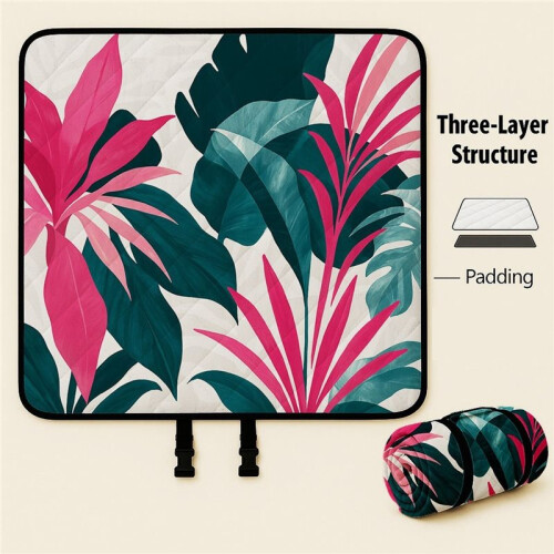 Manta de Piquenique Dobrável Extra  de 78x78 Polegadas com Design Acolchoado Macio, Estampa Floral e de Frutas, e Alça para Transporte. 2