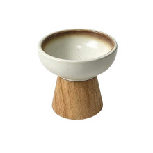 Ceramic Pet Bowl for Cats Small Dogs, Raised Food Water with Wood Stand, Anti-Tip, Indoor Water Bowl