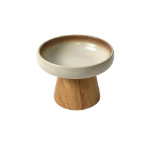 Ceramic Pet Bowl for Cats Small Dogs, Raised Food Water with Wood Stand, Anti-Tip, Indoor Food Bowl