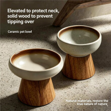 Ceramic Pet Bowl for Cats Small Dogs, Raised Food Water with Wood Stand, Anti-Tip, Indoor Canned Food Bowl