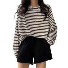 T-Shirt A Maniche Lunghe A Righe con Collo Rotondo e Vestibilità Ampia da Donna Nero & Bianco XL