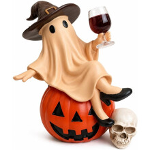 Halloween Spook Beeldje met Heksenhoed & Pompoen, Hars Skull Decoratieve Standbeeld voor Thuis Openhaard Feest Binnen Decoratie