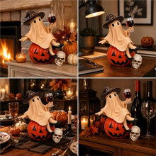 Halloween  Figurine with Witch Hat & Pumpkin, Resin Skull Decorative Statue for Home Fireplace Party Indoor Decor