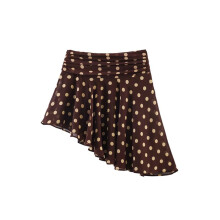 Women French Style Polka Dot Mesh Skirt Summer Asymmetrical Hem Chiffon Short Half Skirt Brown XS