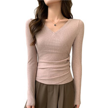 Womens V Neck Wrap Ruched Side Button Long Sleeve Top Khaki XL