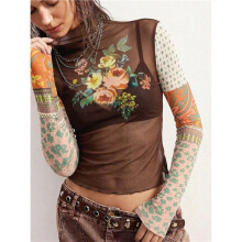 Vintage-Mischdruck-Mesh-Slim-Fit-Rüschensaum-Langarm-Design-Oberteil für Frauen Dunkelbraun L