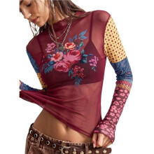 Women'S Vintage Mixed Print Mesh Slim-Fit Ruffle Trim Long Sleeve Design Top Wine Red XL