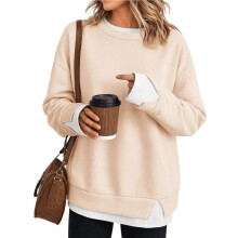 Damen Crew-Neck Fake-Zwei-Teile Farbblock Langarm Lockerer Lässiger Pullover Sweatshirt Aprikose M