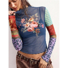 Women'S Vintage Mixed Print Mesh Slim-Fit Ruffle Trim Long Sleeve Design Top Navy M