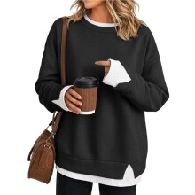 Damen Crew-Neck Fake-Zwei-Teile Farbblock Langarm Lockerer Lässiger Pullover Sweatshirt Schwarz L