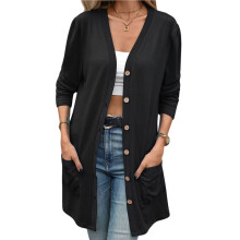 Damen V-Ausschnitt Einfarbiger Langärmeliger Lockerer Knopf-Taschen Lässiger Offener Cardigan Schwarz L