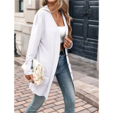 Damen V-Ausschnitt Einfarbiger Langärmeliger Lockerer Knopf-Taschen Lässiger Offener Cardigan Weiß XL