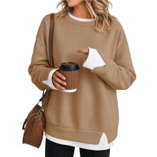 Damen Crew-Neck Fake-Zwei-Teile Farbblock Langarm Lockerer Lässiger Pullover Sweatshirt Khaki L