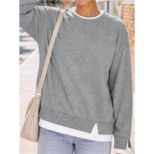 Damen Crew-Neck Fake-Zwei-Teile Farbblock Langarm Lockerer Lässiger Pullover Sweatshirt Grau L