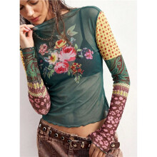 Women'S Vintage Mixed Print Mesh Slim-Fit Ruffle Trim Long Sleeve Design Top Dark Green L