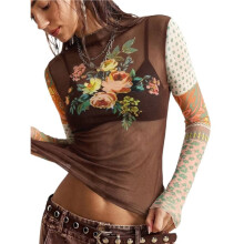 Vintage-Mischdruck-Mesh-Slim-Fit-Rüschensaum-Langarm-Design-Oberteil für Frauen Dunkelbraun XL