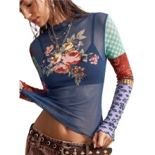 Vintage-Mischdruck-Mesh-Slim-Fit-Rüschensaum-Langarm-Design-Oberteil für Frauen Marineblau L