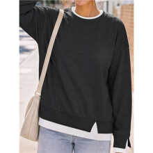 Damen Crew-Neck Fake-Zwei-Teile Farbblock Langarm Lockerer Lässiger Pullover Sweatshirt Schwarz XL