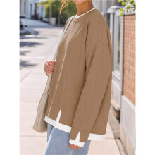 Damen Crew-Neck Fake-Zwei-Teile Farbblock Langarm Lockerer Lässiger Pullover Sweatshirt Khaki XXL