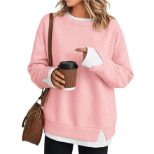 Damen Crew-Neck Fake-Zwei-Teile Farbblock Langarm Lockerer Lässiger Pullover Sweatshirt Rosa M