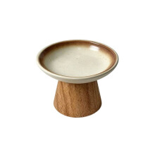 Ceramic Pet Bowl for Cats Small Dogs, Raised Food Water with Wood Stand, Anti-Tip, Indoor Canned Food Bowl