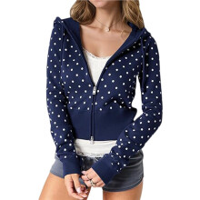Women'S Cute Polka Dot Hoodie Y2k Zip  Hoodies Jackets Cropped Sweatshirt Hooded Fall Tops Navy  M