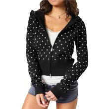 Women'S Cute Polka Dot Hoodie Y2k Zip  Hoodies Jackets Cropped Sweatshirt Hooded Fall Tops Black L