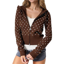 Women'S Cute Polka Dot Hoodie Y2k Zip  Hoodies Jackets Cropped Sweatshirt Hooded Fall Tops Brown M