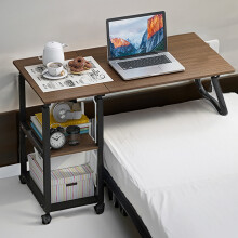 Height Adjustable Mobile Overbed Table Foldable Side Desk w/ Wheels & Shelves, Dark Oak, 95 x 40cm